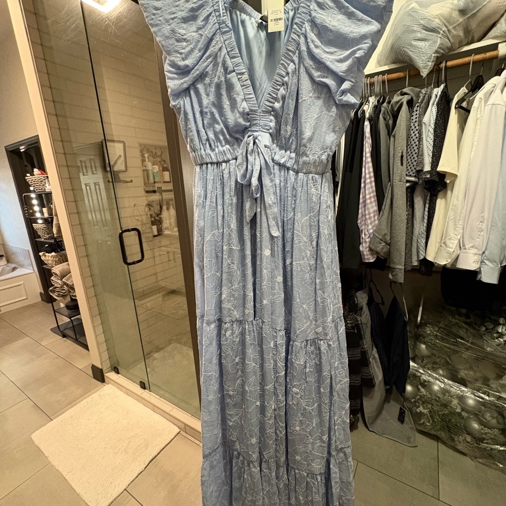 Francesca's Collections Light Blue V-Neck Tiered Maxi Dress with Tie Waist